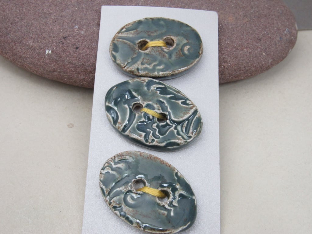 3 Medium Oval Sedge Green Brocade Pattern Ceramic Buttons