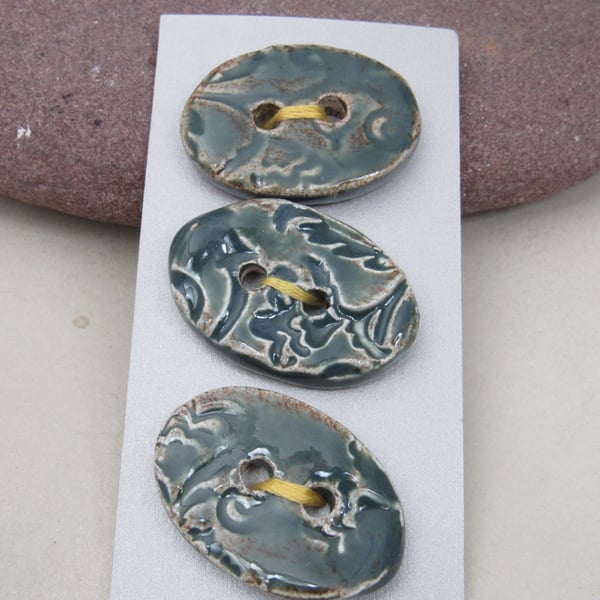 3 Medium Oval Sedge Green Brocade Pattern Ceramic Buttons