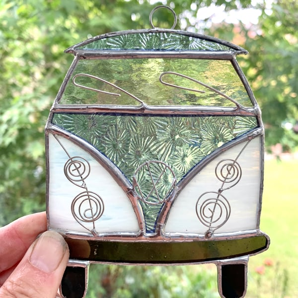 Stained Glass Camper Van Suncatcher - Handmade Decoration - White and Pale Blue