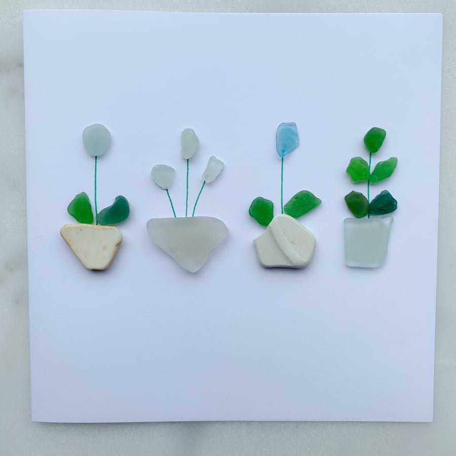 Cornwall sea glass plant pot design greetings card