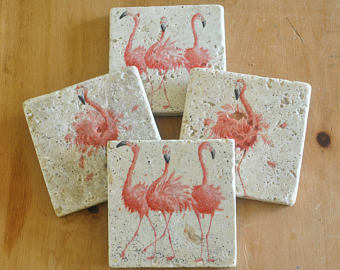 Set of Four Pink Flamingos Natural Stone Coaster