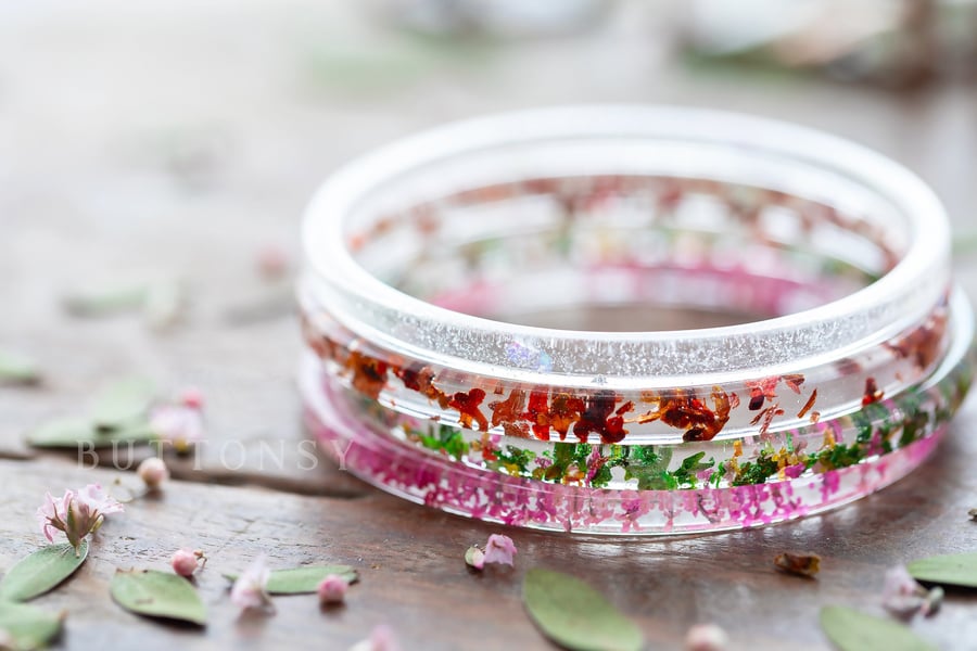 Flowers Four Seasons Resin Bangle Stacking Bangles Gifts for Her Whimsical Resin
