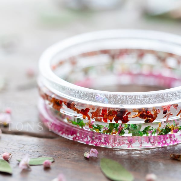 Flowers Four Seasons Resin Bangle Stacking Bangles Gifts for Her Whimsical Resin