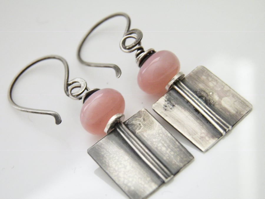 Pink Opal Earrings Sterling Silver Oxidised