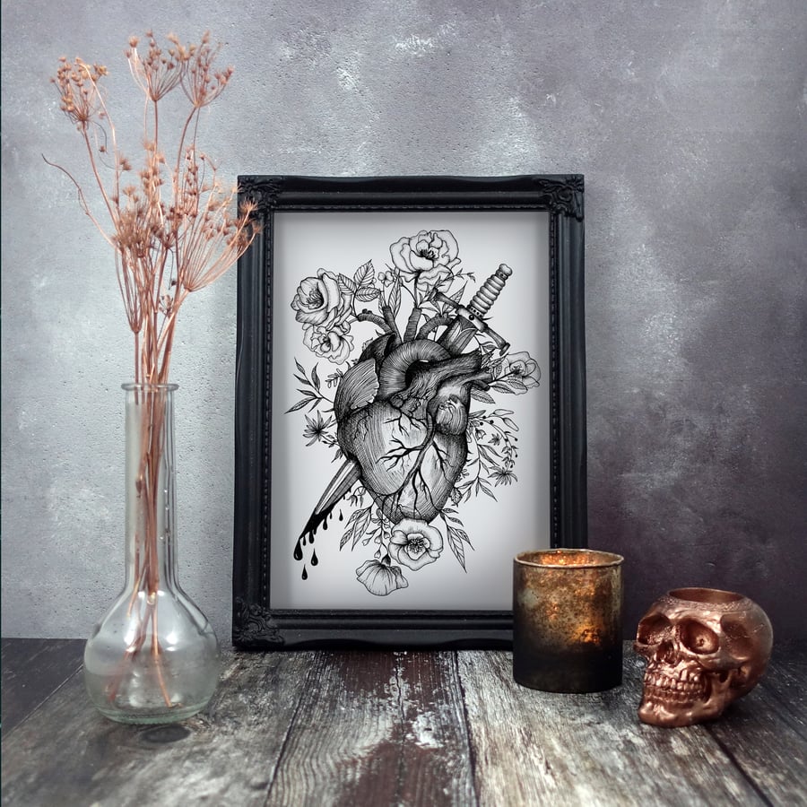 Bleeding Heart Print, Gothic Home Decor, Anatomical Heart, A4 Art Print
