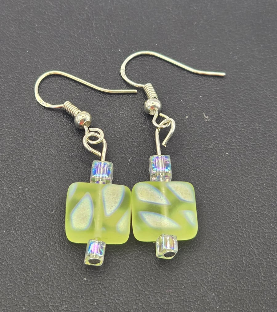 Pale lime yellow peacock Czech glass earrings