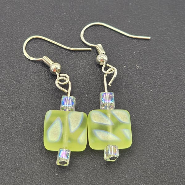Pale lime yellow peacock Czech glass earrings