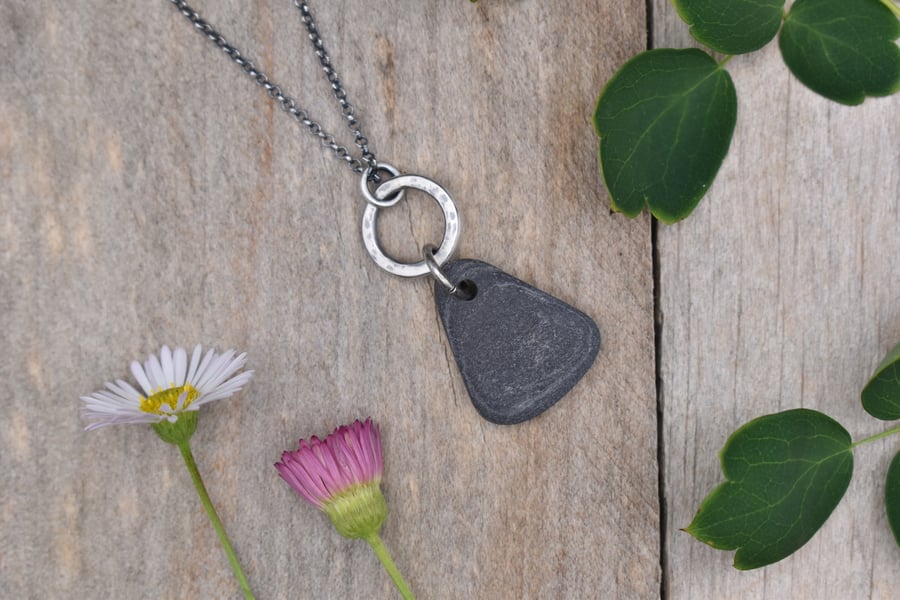 Scottish Pebble and Recycled Sterling Silver Necklace, Stone Pendant