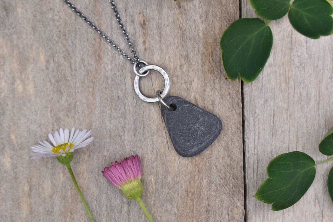 Scottish Pebble and Recycled Sterling Silver Necklace, Stone Pendant
