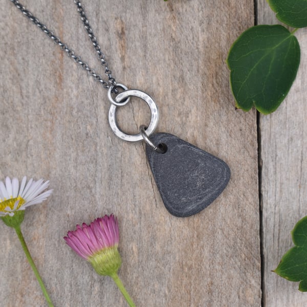 Scottish Pebble and Recycled Sterling Silver Necklace, Stone Pendant