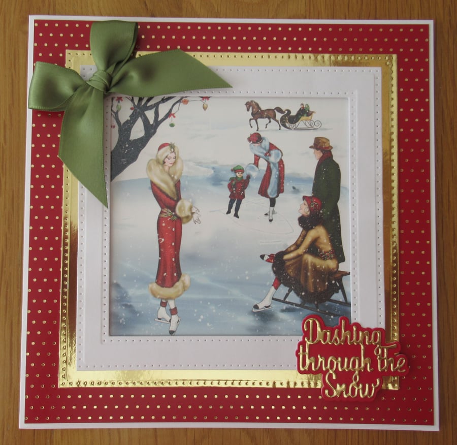 8x8 Luxury Art Deco Christmas Card - Skating in the Park 