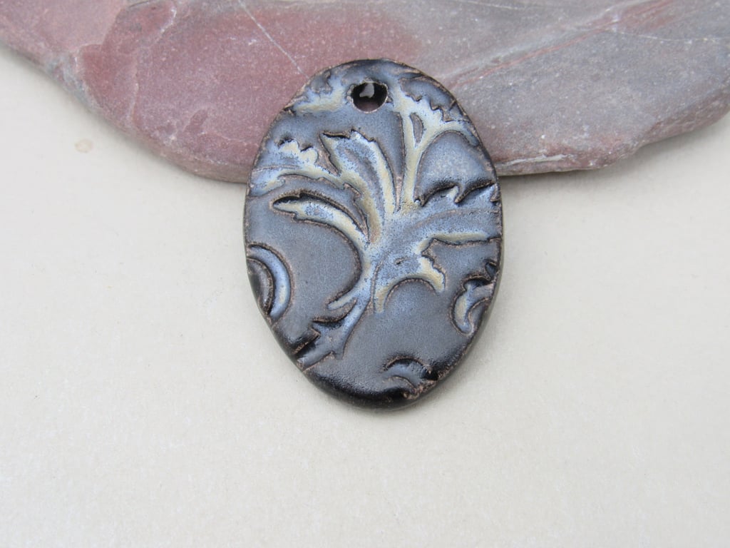 Large Dark Earth Brocade Ceramic Pendant