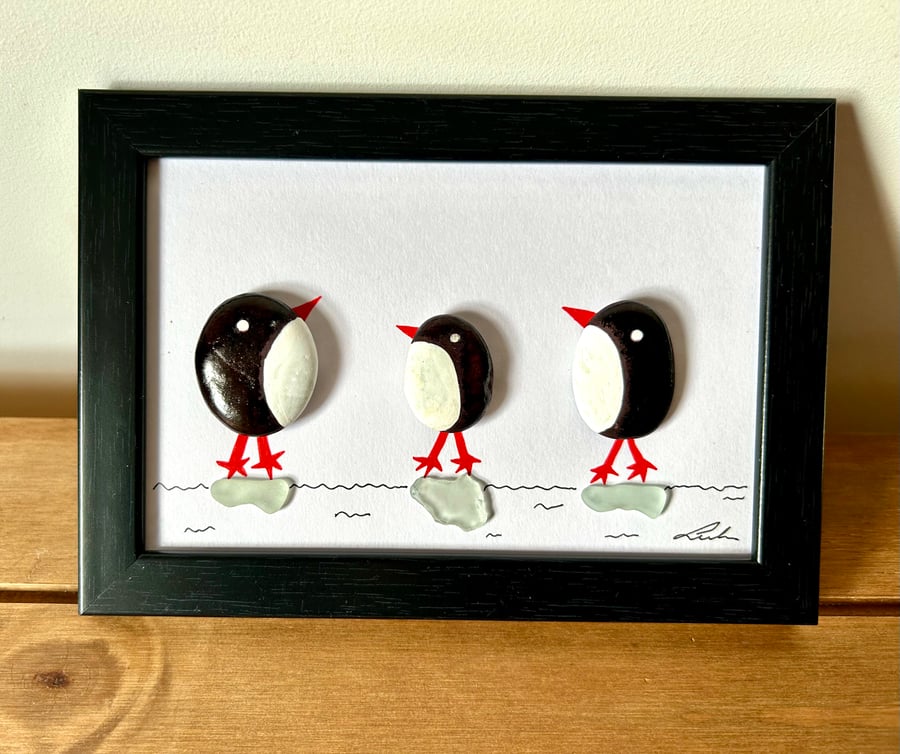 Three funny penguins, family, framed picture, present, gift for family, pebble