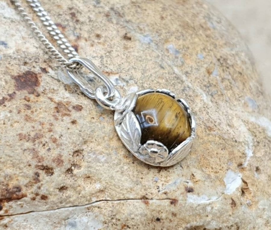 Floral Tiny Tiger's Eye Pendant Necklace. Sterling silver necklaces for women