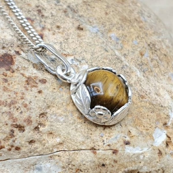 Floral Tiny Tiger's Eye Pendant Necklace. Sterling silver necklaces for women