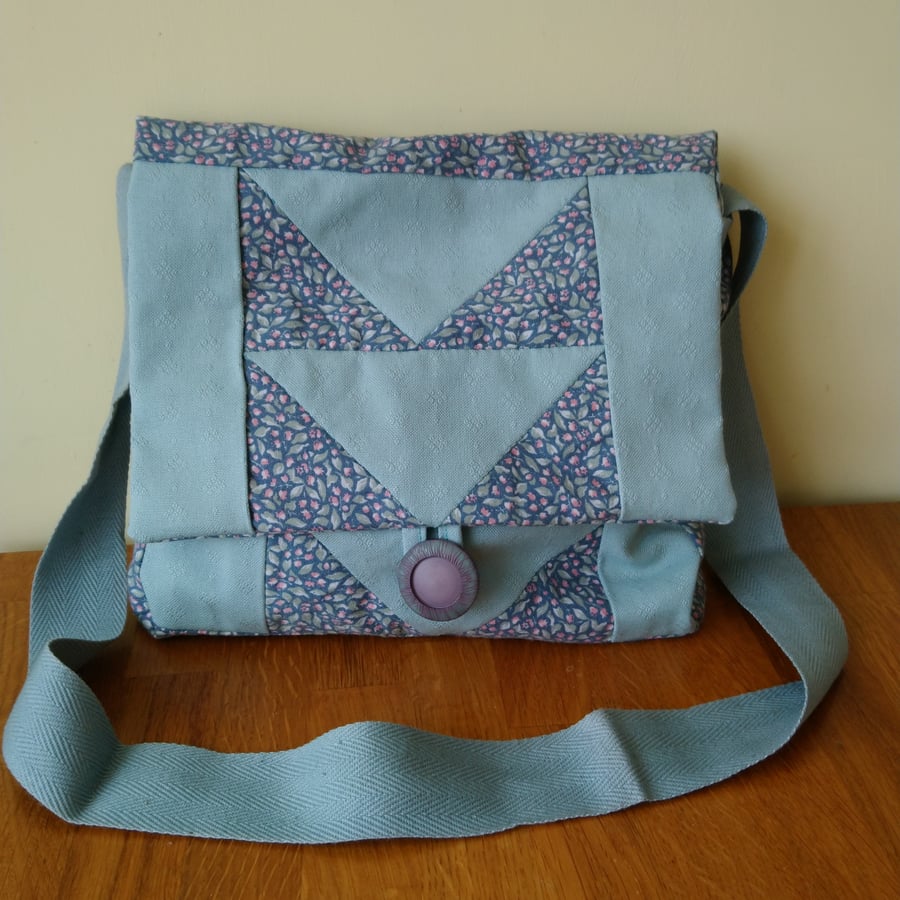 Patchwork shoulder bag with internal pockets. Duck Egg and blue.