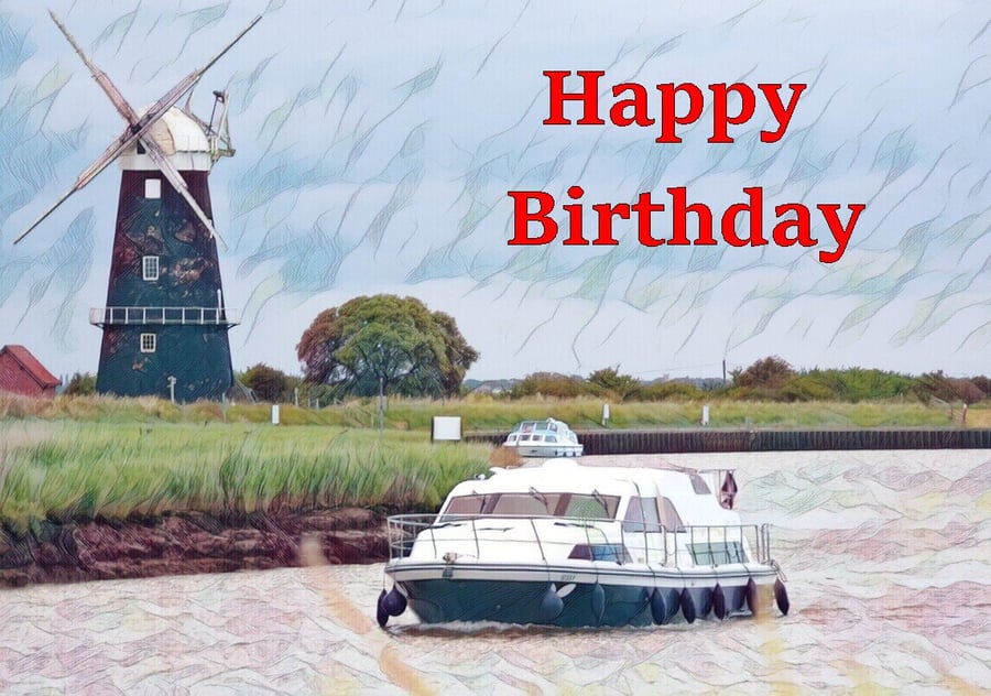Boat On Norfolk Broads Happy Birthday Card A5