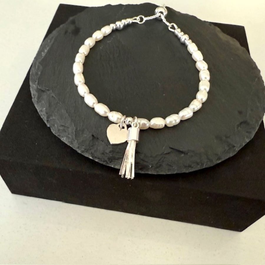 White Pearl Bracelet with Sterling Silver Heart & Tassel Charms