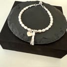 White Pearl Bracelet with Sterling Silver Heart & Tassel Charms