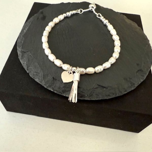 White Pearl Bracelet with Sterling Silver Heart & Tassel Charms