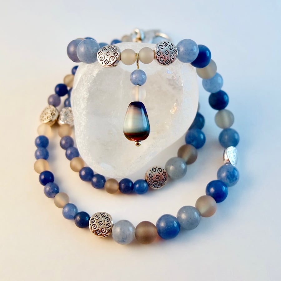 Blue Aventurine Necklace With Grey Agate - Handmade In Devon