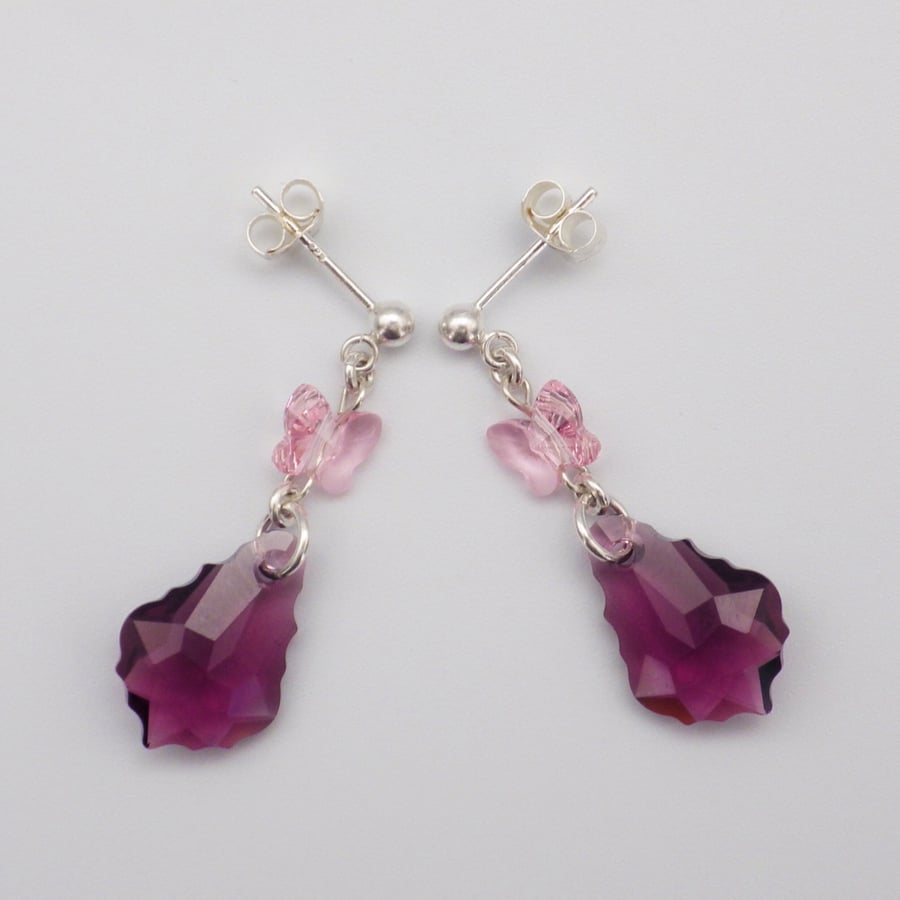 Amethyst purple baroque amethyst and rose pink butterfly Swarovski drop earrings