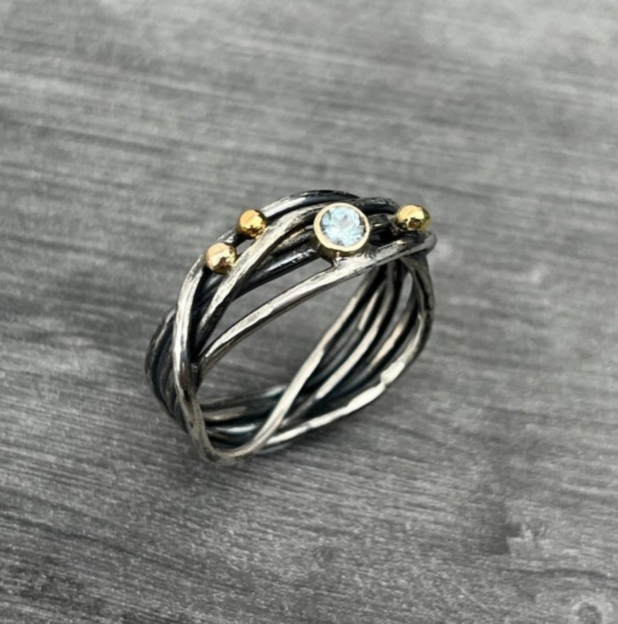 Sky Topaz  Crown Ring, blue topaz ring, freeform wire ring, wire ring, oxidised.