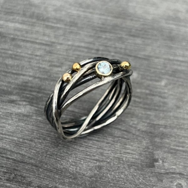 Sky Topaz  Crown Ring, blue topaz ring, freeform wire ring, wire ring, oxidised.