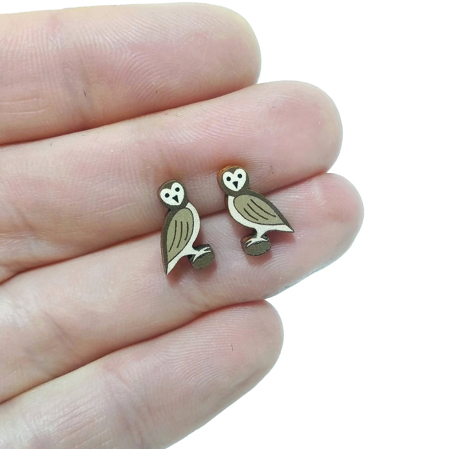 Owl Stud Earrings, Wooden Bird Earrings, Silver Plated or Sterling Silver Backs