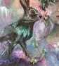 Nature Woman with Hare & Gypsy Caravan – Original Mixed-Media Painting - Image 5