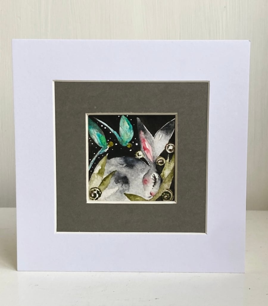 Mounted Original Hare Rabbit with Dragonflies Watercolour 
