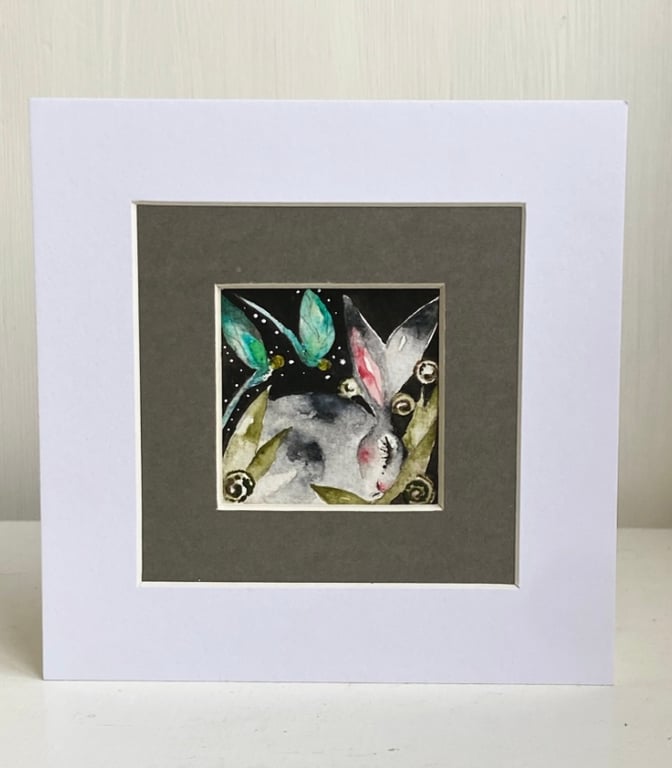 Mounted Original Hare Rabbit with Dragonflies Watercolour 