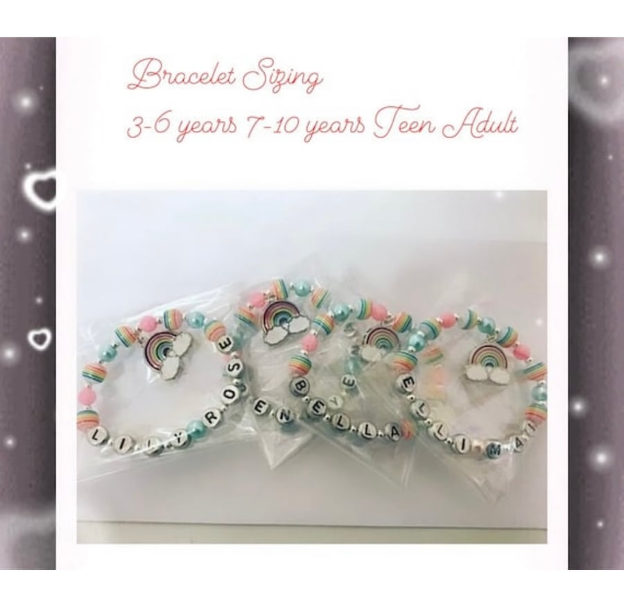 Rainbow personalised rainbow charm stretch beaded bracelet toddler adult kids 