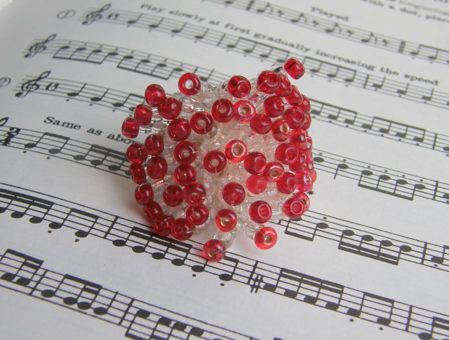 Adjustable silver plated cocktail ring with red beads