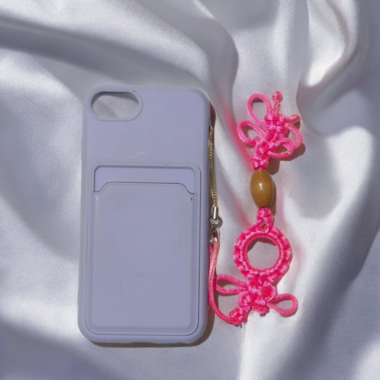 Handmade Pink Macrame Phone Strap with Wooden Bead – Lucky Knot Design