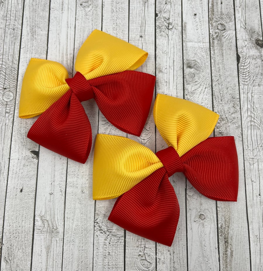 School Red and Yellow Gold Two Tone Double with Bows on Clips (pair)