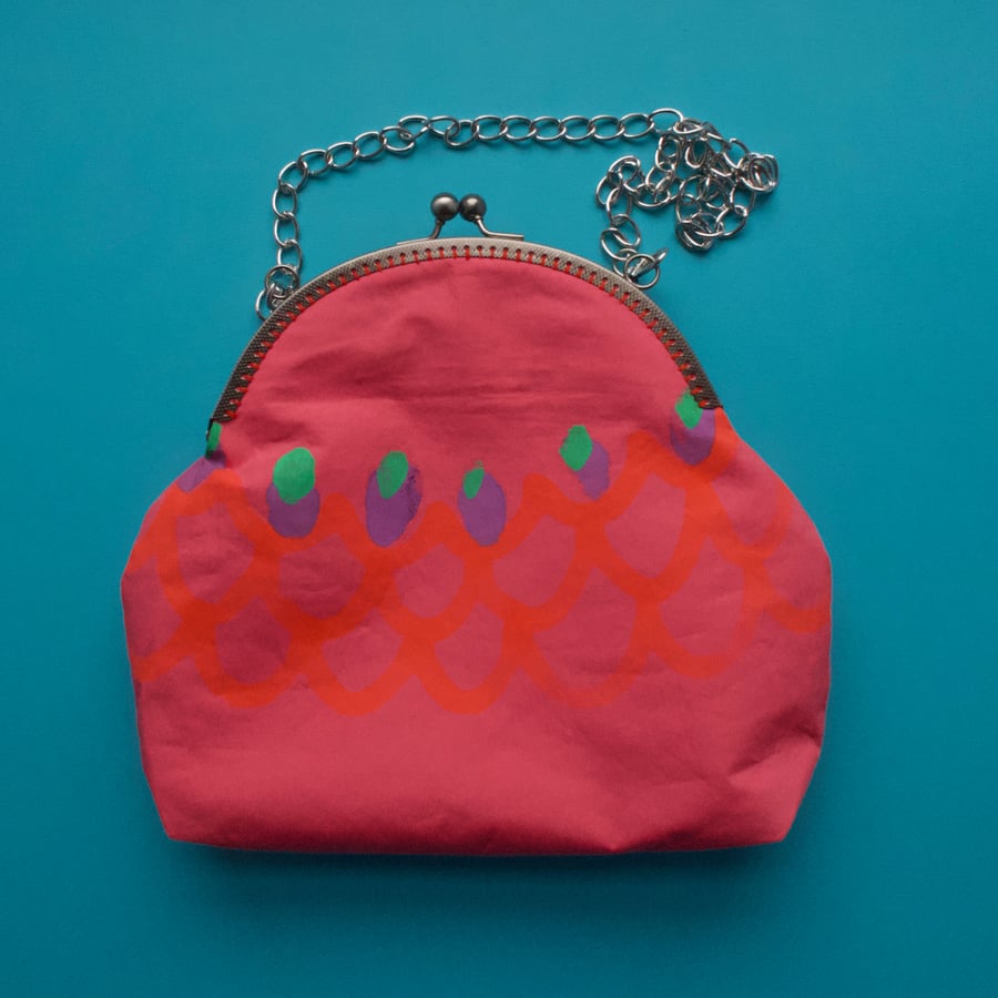 Hand painted fabric large purse or small hand bag - pink and green