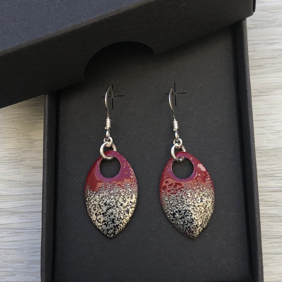 Mottled black and dark red enamel scale earrings. Sterling silver. 