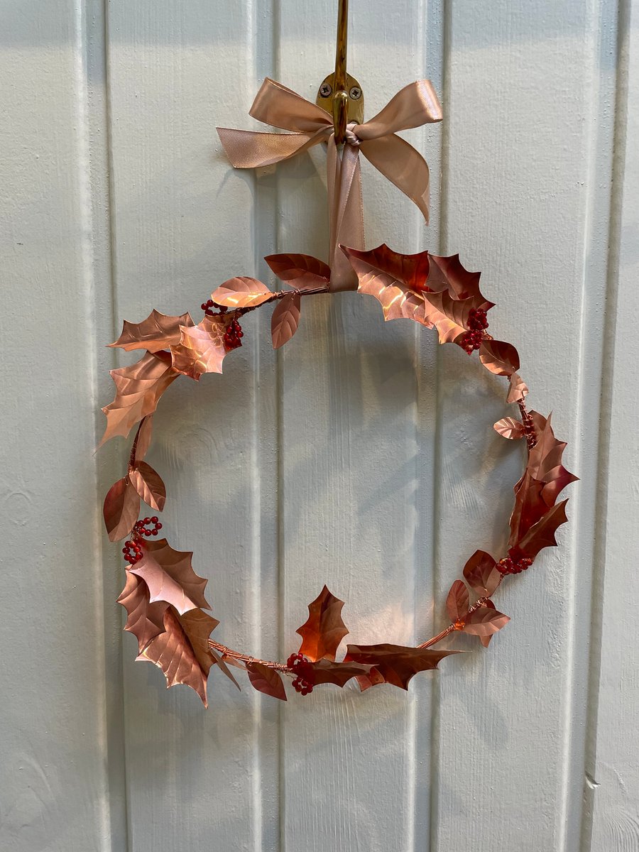 Holly wreath, Christmas wreath, copper wreath, winter wreath, Yule wreath