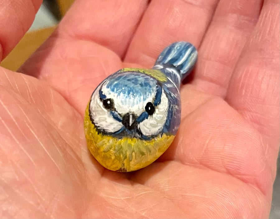 Bluetit garden bird hand painted pebble garden rock art wildlife stone 