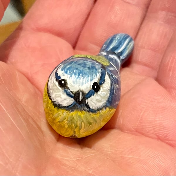 Bluetit garden bird hand painted pebble garden rock art wildlife stone 