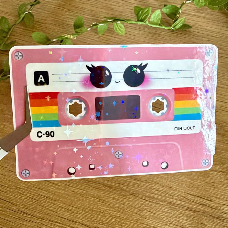 Holographic Pink Cassette Tape - Retro Y2K Mixtape Vinyl Sticker