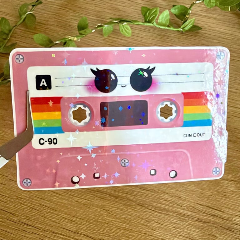 Holographic Pink Cassette Tape - Retro Y2K Mixtape Vinyl Sticker