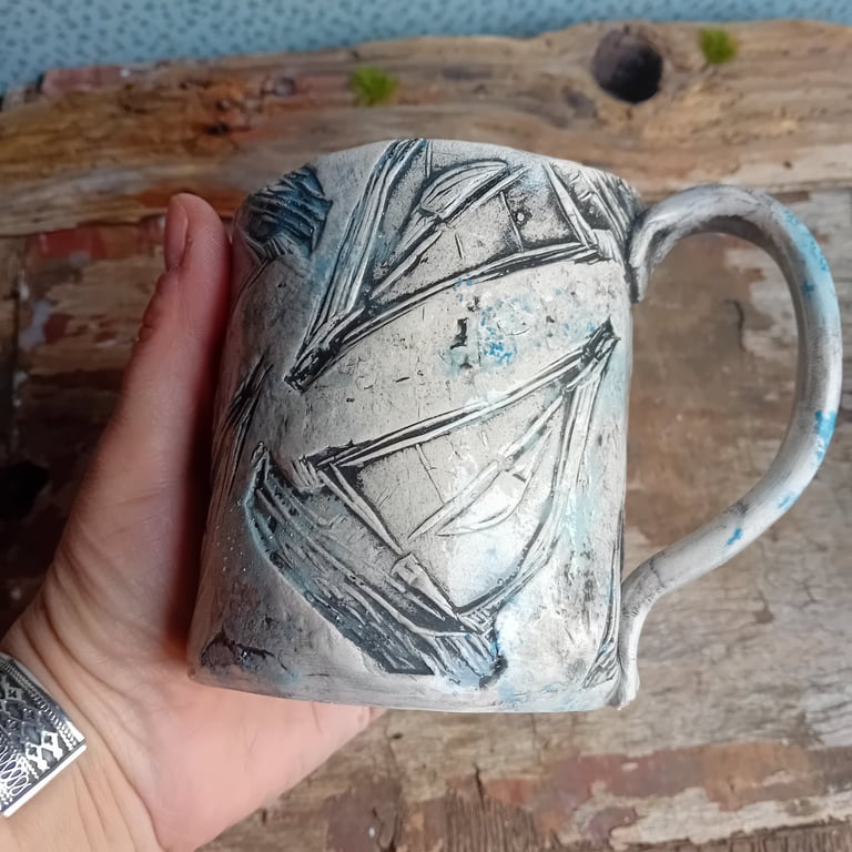 Sailboat linocut coffee mug ceramic pottery tea cup, stoneware handmade