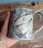 Sailboat linocut coffee mug ceramic pottery tea cup, stoneware handmade