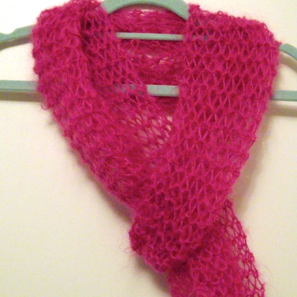 Pink Mohair Hand Knitted Skinny Scarf - UK Free Post
