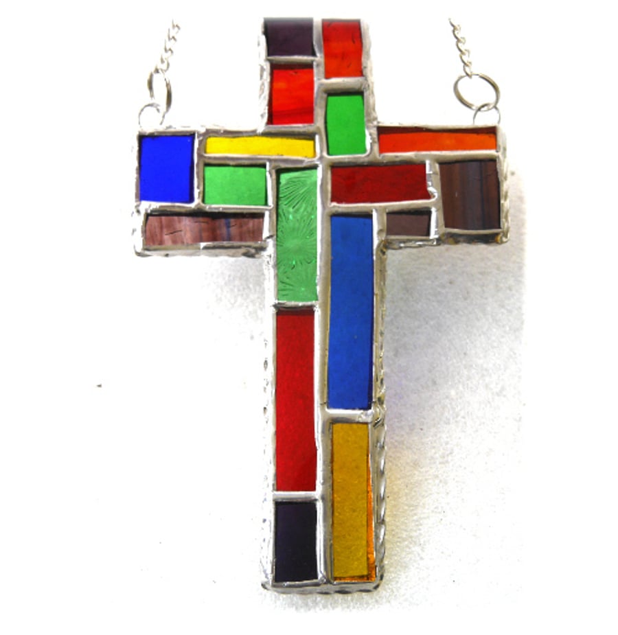  SOLD Cross Suncatcher Stained Glass Patchwork Blue Purple Handmade 036