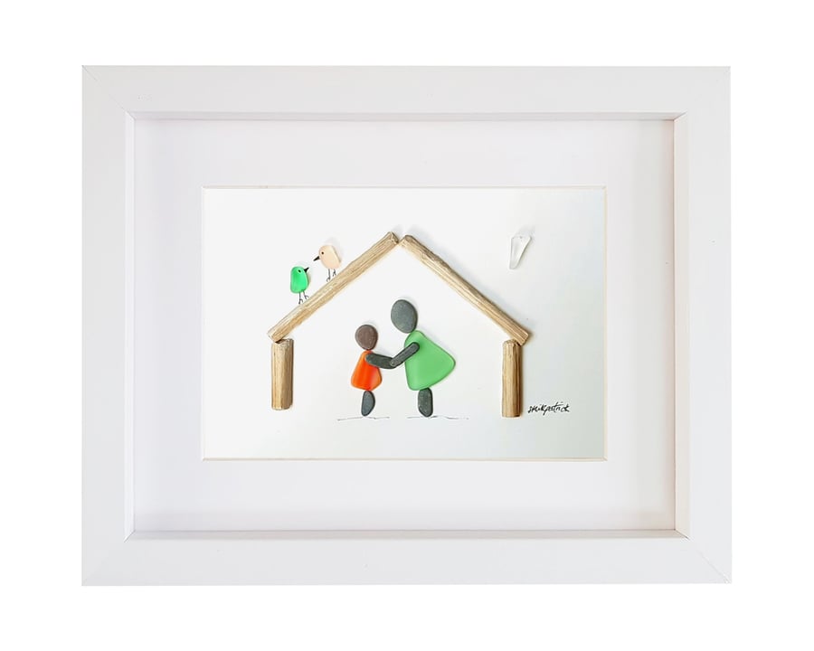 Mother and Daughter - Sea Glass & Pebble Picture - Framed Unique Handmade Art