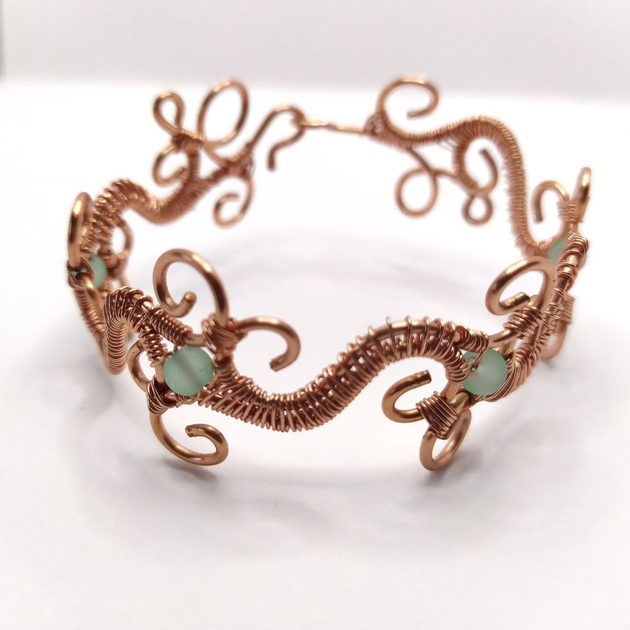 Swirly Filigree Style Copper Bracelet with Green Glass Beads, Small Size