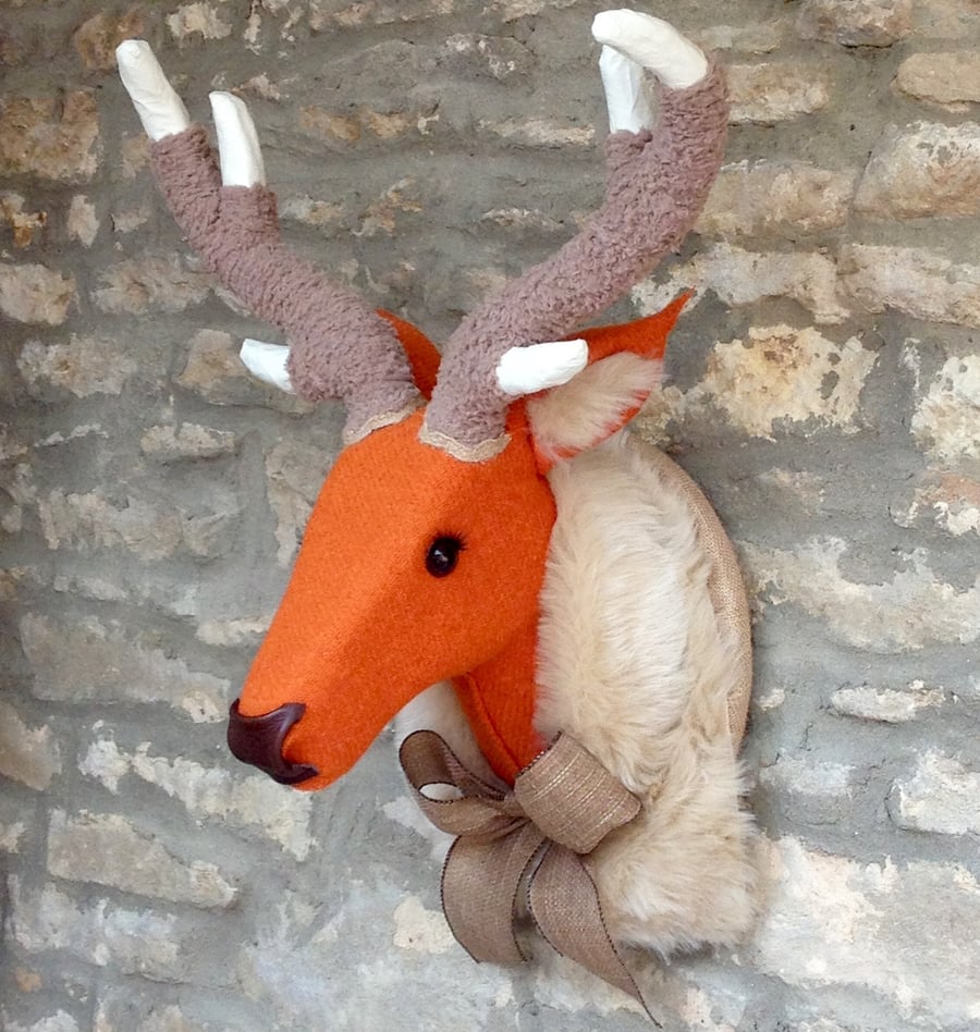 Faux taxidermy Harris tweed burnt orange deer stag wall mounted animal head